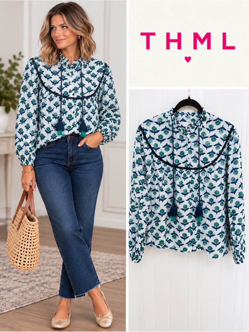 THML Floral Print Tassel Blouse Boho Cotton Top